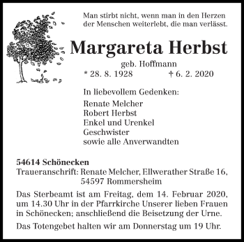 Traueranzeige von Margareta Herbst von trierischer_volksfreund