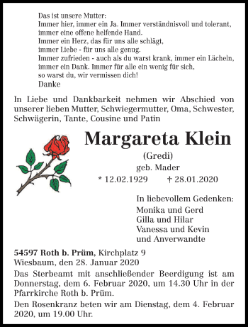 Traueranzeige von Margareta Klein von trierischer_volksfreund