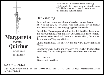 Traueranzeige von Margareta Quiring von trierischer_volksfreund