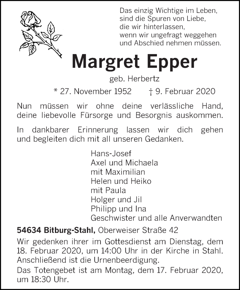  Traueranzeige für Margret Epper vom 11.02.2020 aus trierischer_volksfreund