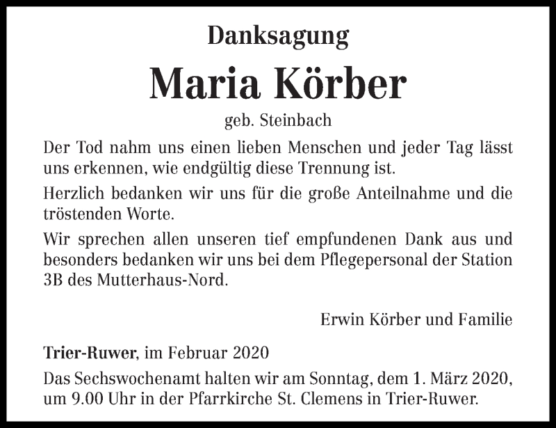  Traueranzeige für Maria Körber vom 22.02.2020 aus trierischer_volksfreund