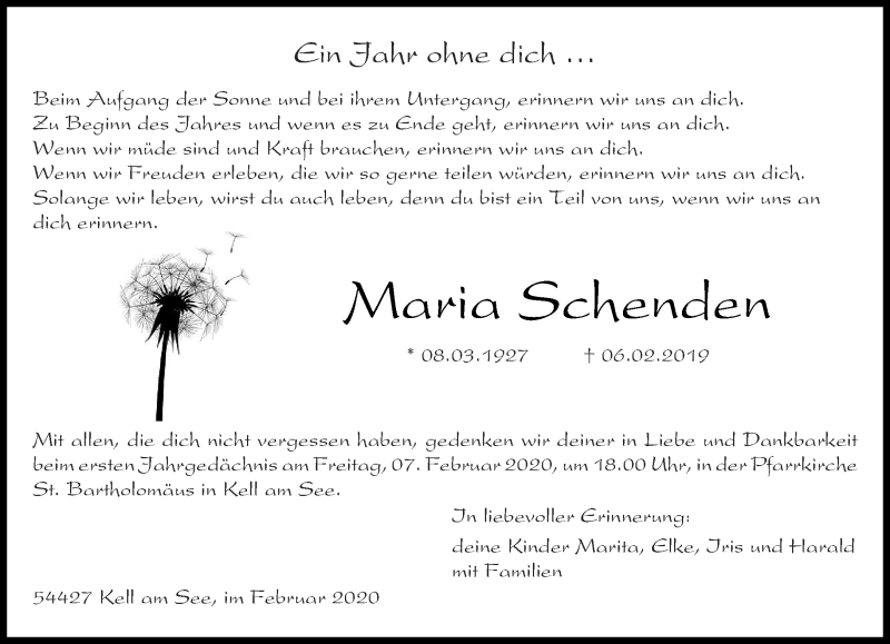  Traueranzeige für Maria Schenden vom 05.02.2020 aus trierischer_volksfreund
