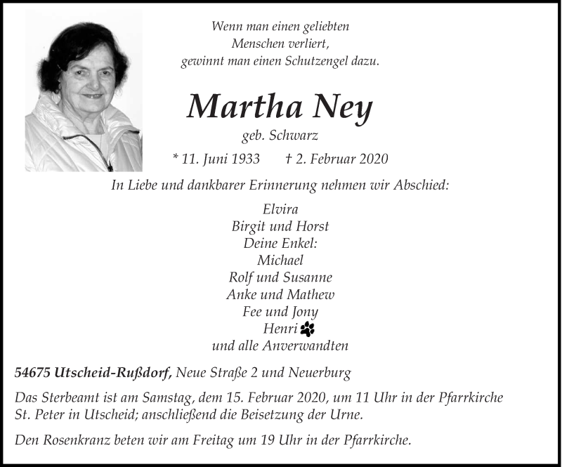  Traueranzeige für Martha Ney vom 11.02.2020 aus trierischer_volksfreund