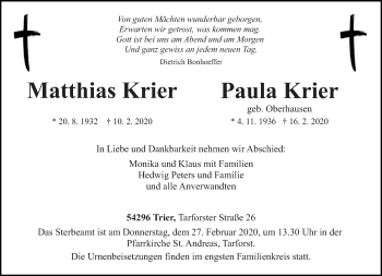 Traueranzeige von Matthias und Paula Krier von trierischer_volksfreund