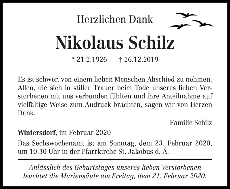 Traueranzeige für Nikolaus Schilz vom 15.02.2020 aus trierischer_volksfreund