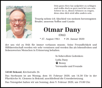 Traueranzeige von Otmar Dany von trierischer_volksfreund