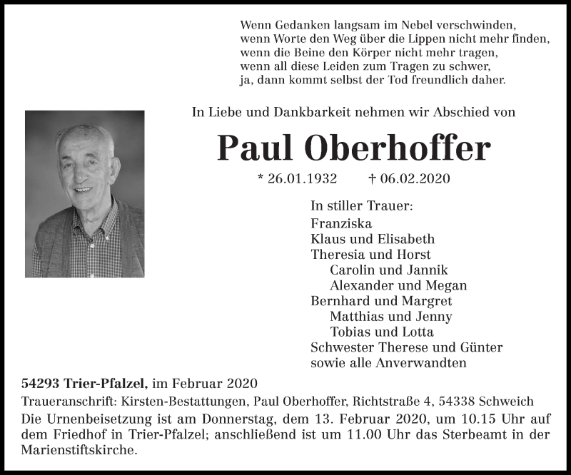  Traueranzeige für Paul Oberhoffer vom 11.02.2020 aus trierischer_volksfreund