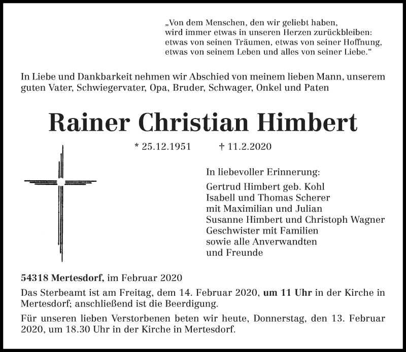  Traueranzeige für Rainer Christian Himbert vom 13.02.2020 aus trierischer_volksfreund