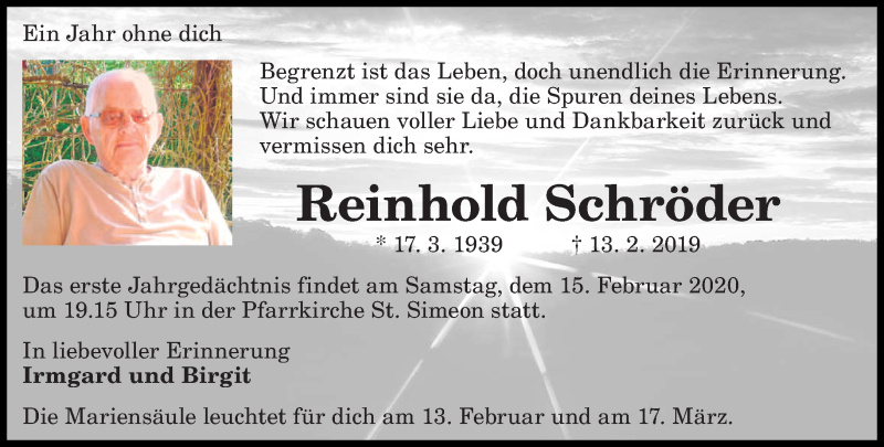  Traueranzeige für Reinhold Schröder vom 08.02.2020 aus trierischer_volksfreund