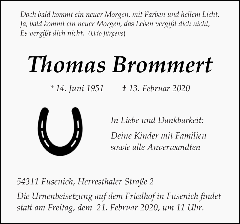  Traueranzeige für Thomas Brommert vom 18.02.2020 aus trierischer_volksfreund