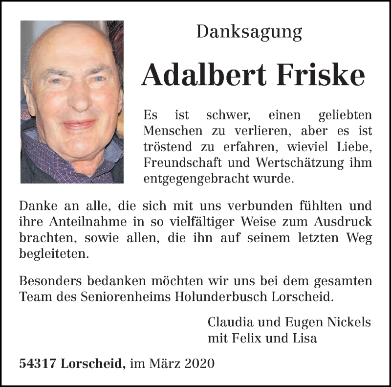  Traueranzeige für Adalbert Friske vom 28.03.2020 aus trierischer_volksfreund