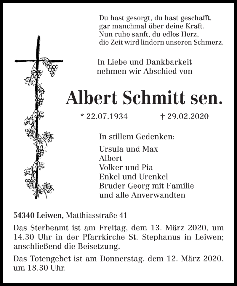  Traueranzeige für Albert Schmitt vom 07.03.2020 aus trierischer_volksfreund