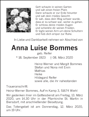 Traueranzeige von Anna Luise Bommes von trierischer_volksfreund