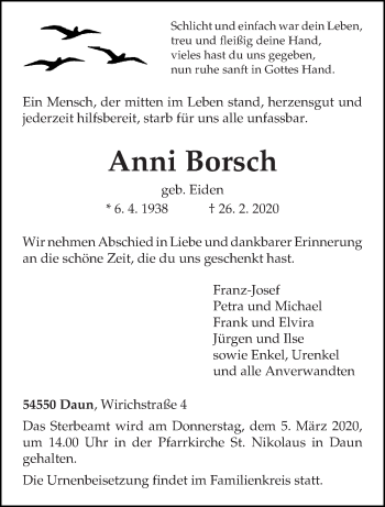 Traueranzeige von Anni Borsch von trierischer_volksfreund