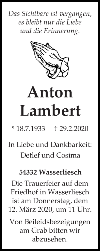 Traueranzeige von Anton Lambert von trierischer_volksfreund