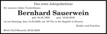 Traueranzeige von Bernhard Sauerwein von trierischer_volksfreund