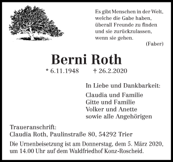 Traueranzeige von Berni Roth von trierischer_volksfreund