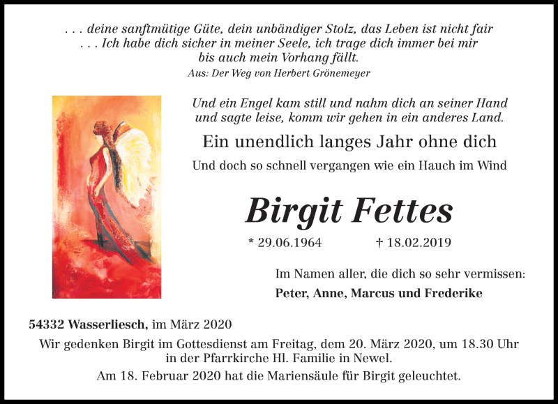  Traueranzeige für Birgit Fettes vom 14.03.2020 aus trierischer_volksfreund