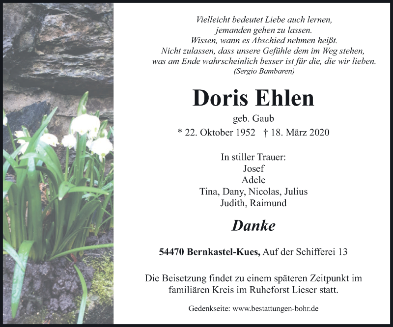  Traueranzeige für Doris Ehlen vom 21.03.2020 aus trierischer_volksfreund