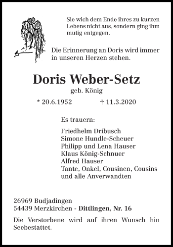 Traueranzeige von Doris Weber-Setz von trierischer_volksfreund