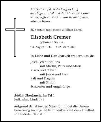 Traueranzeige von Elisabeth Cremer von trierischer_volksfreund