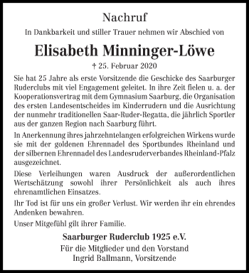 Traueranzeige von Elisabeth Minninger-Löwe von trierischer_volksfreund