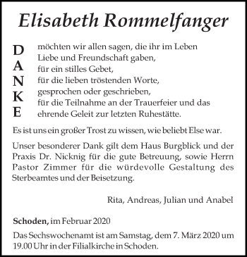 Traueranzeige von Elisabeth Rommelfanger von trierischer_volksfreund