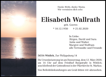 Traueranzeige von Elisabeth Wallrath von trierischer_volksfreund