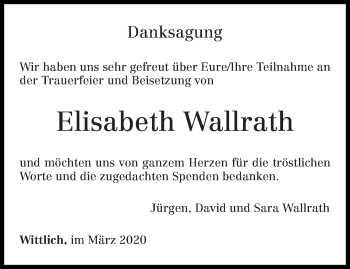 Traueranzeige von Elisabeth Wallrath von trierischer_volksfreund