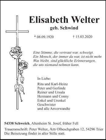 Traueranzeige von Elisabeth Welter von trierischer_volksfreund