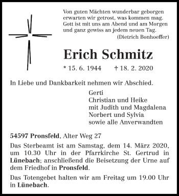 Traueranzeige von Erich Schmitz von trierischer_volksfreund