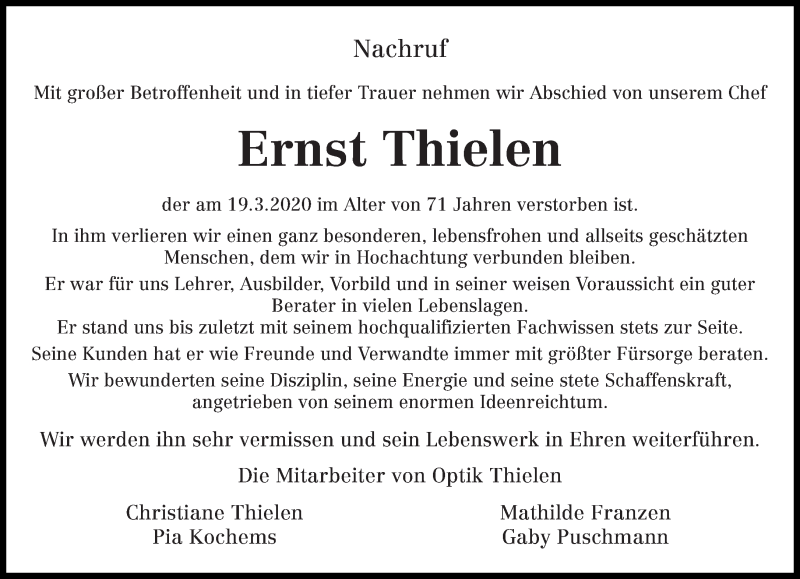  Traueranzeige für Ernst Thielen vom 25.03.2020 aus trierischer_volksfreund