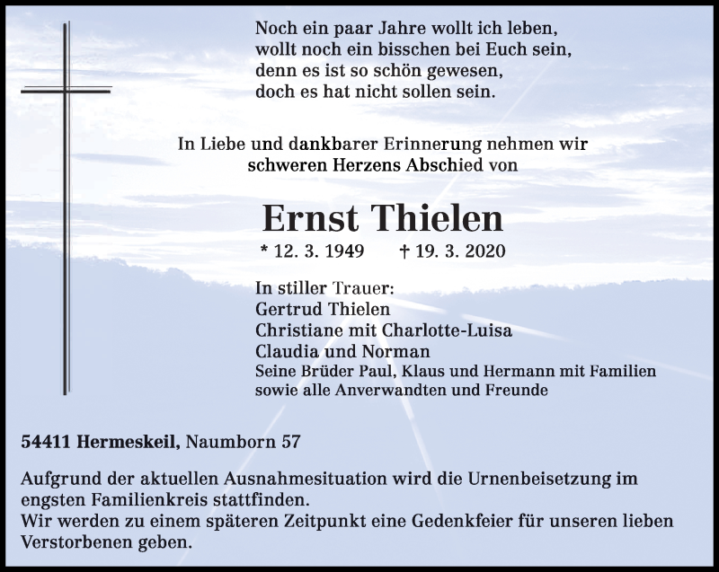  Traueranzeige für Ernst Thielen vom 25.03.2020 aus trierischer_volksfreund