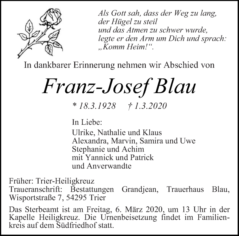  Traueranzeige für Franz-Josef Blau vom 03.03.2020 aus trierischer_volksfreund