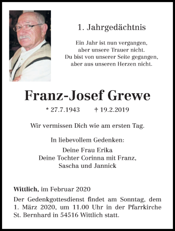 Traueranzeige von Franz-Josef Grewe von trierischer_volksfreund