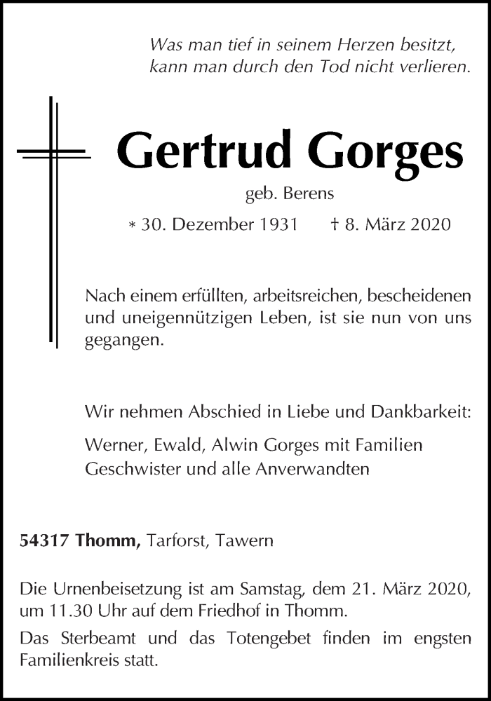  Traueranzeige für Gertrud Gorges vom 14.03.2020 aus trierischer_volksfreund