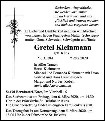 Traueranzeige von Gretel Kleinmann von trierischer_volksfreund