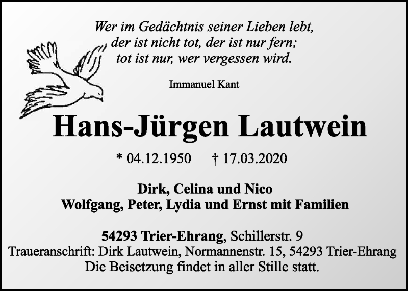  Traueranzeige für Hans-Jürgen Lautwein vom 23.03.2020 aus trierischer_volksfreund