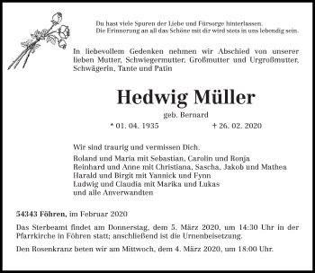 Traueranzeige von Hedwig Müller von trierischer_volksfreund