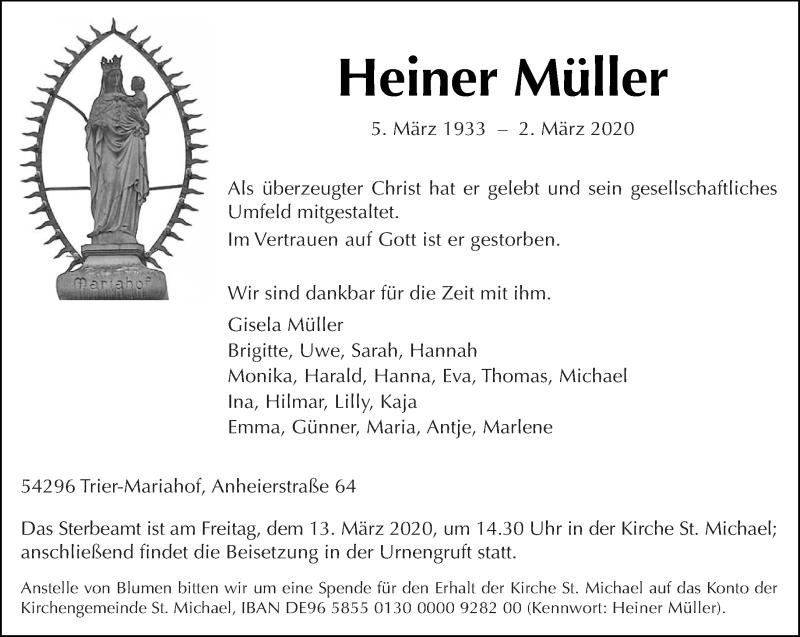  Traueranzeige für Heiner Müller vom 07.03.2020 aus trierischer_volksfreund