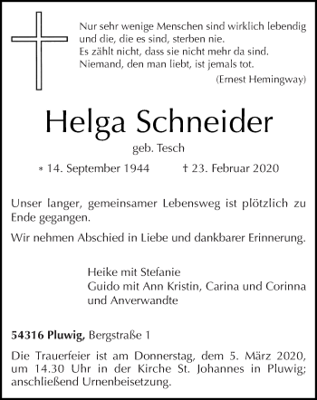 Traueranzeige von Helga Schneider von trierischer_volksfreund