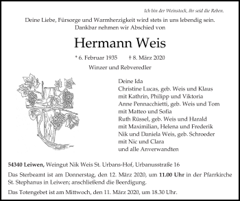 Traueranzeige von Hermann Weis von trierischer_volksfreund