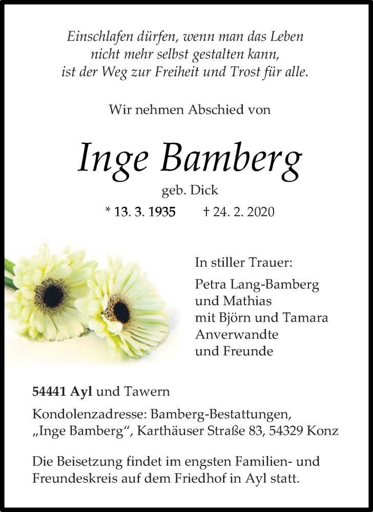 Traueranzeige für Inge Bamberg vom 29.02.2020 aus trierischer_volksfreund