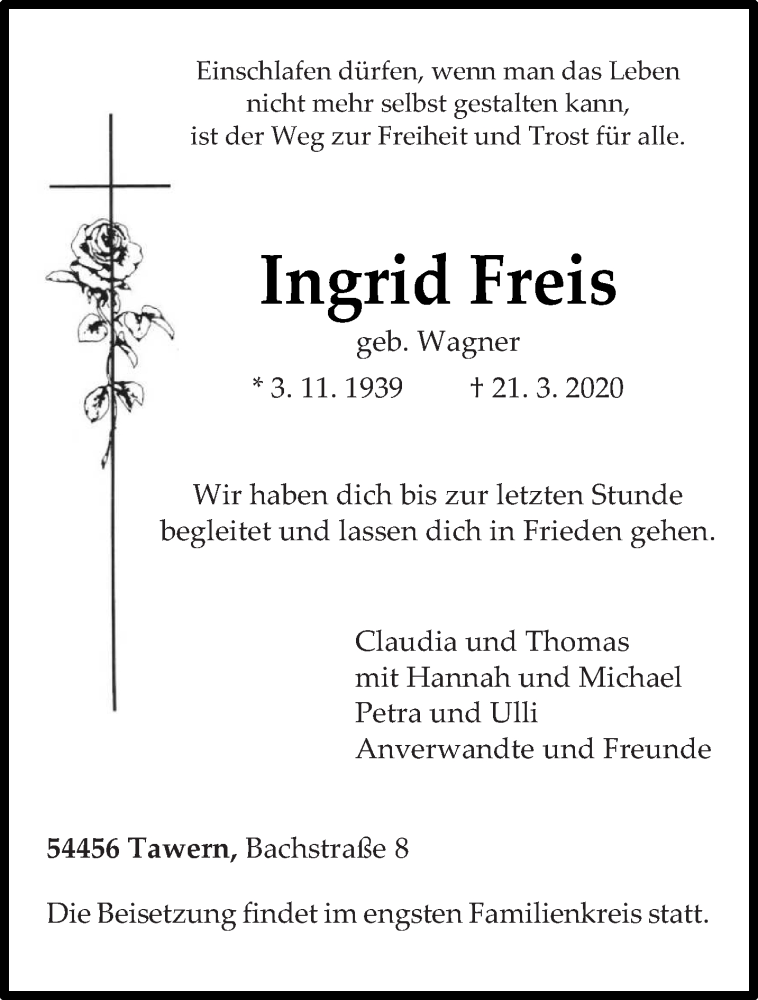  Traueranzeige für Ingrid Freis vom 25.03.2020 aus trierischer_volksfreund