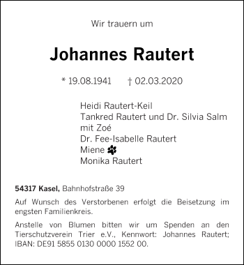 Traueranzeige von Johannes Rautert von trierischer_volksfreund
