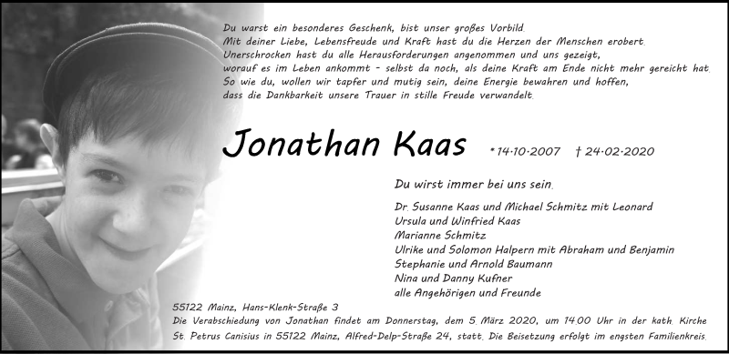  Traueranzeige für Jonathan Kaas vom 29.02.2020 aus trierischer_volksfreund