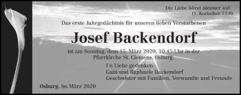 Traueranzeige von Josef Backendorf von trierischer_volksfreund