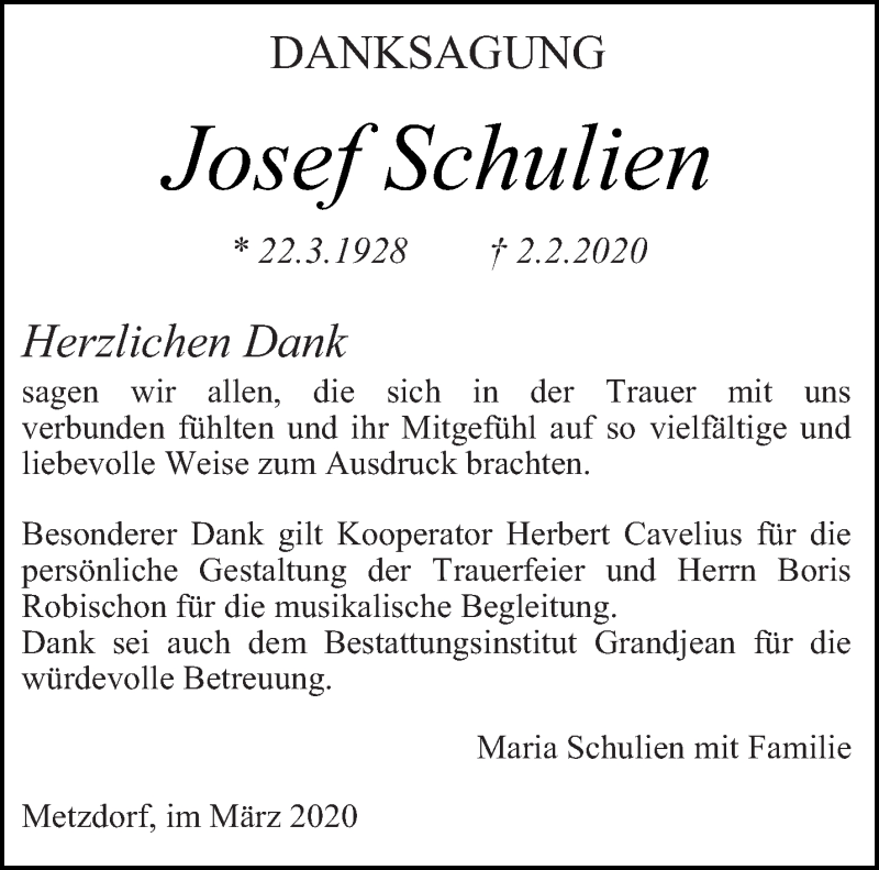  Traueranzeige für Josef Schulien vom 21.03.2020 aus trierischer_volksfreund