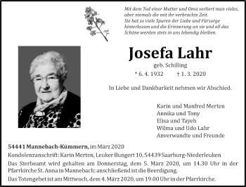 Traueranzeige von Josefa Lahr von trierischer_volksfreund