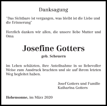 Traueranzeige von Josefine Gotters von trierischer_volksfreund